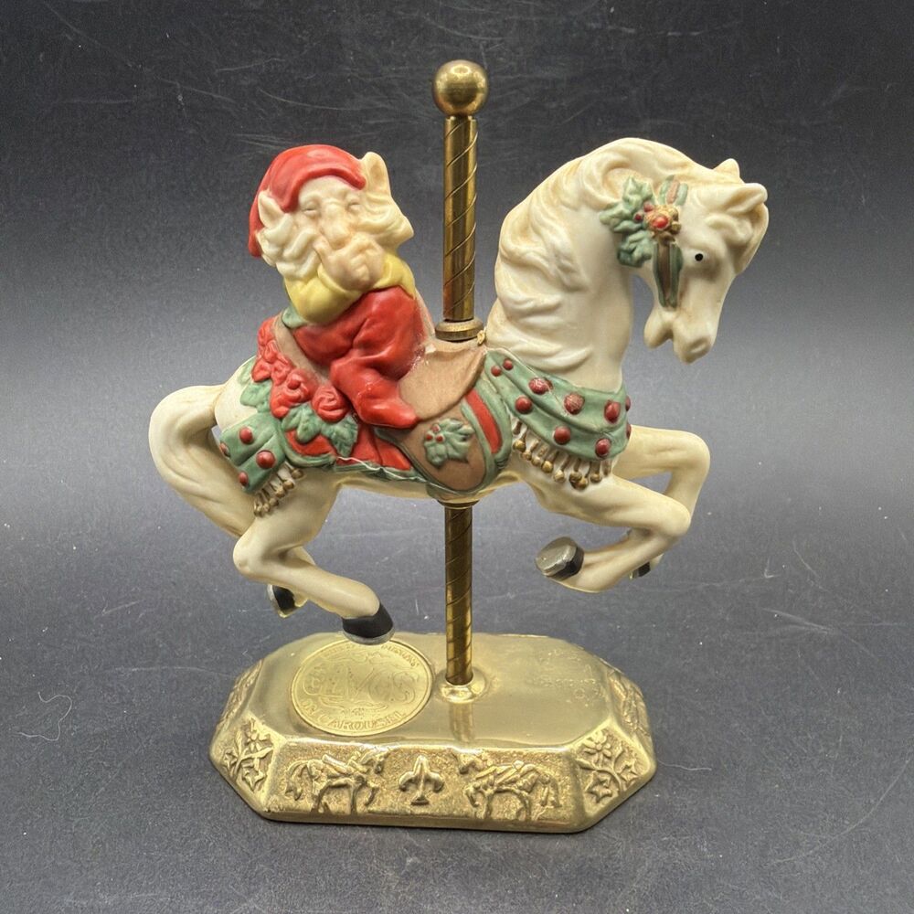 Vintage Willitts Designs Elves On Carousel Horse Brass Base Porcelain Figure